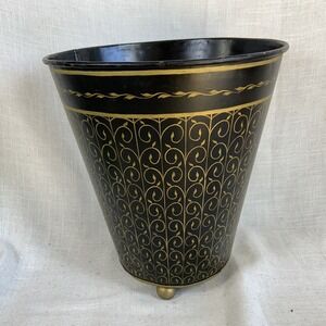 Vintage MCM Tole Metal Footed Planter Waste Basket Trash Can Black Gold Ornate
